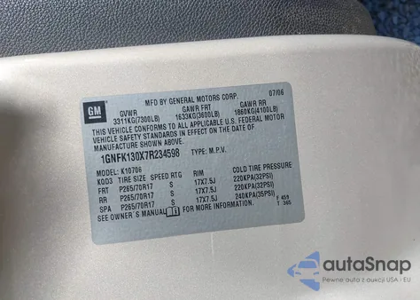 2007 Chevrolet Tahoe Lt from USA, damaged, VIN 1GNFK130X7R234598